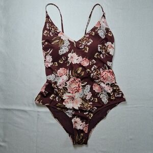 H&M Burgundy Floral Print One Piece Swimsuit Women's Size 8